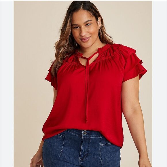 Maurices Tops - Xxxl 3x red Plus Size Flutter Sleeve Tie Front Blouse